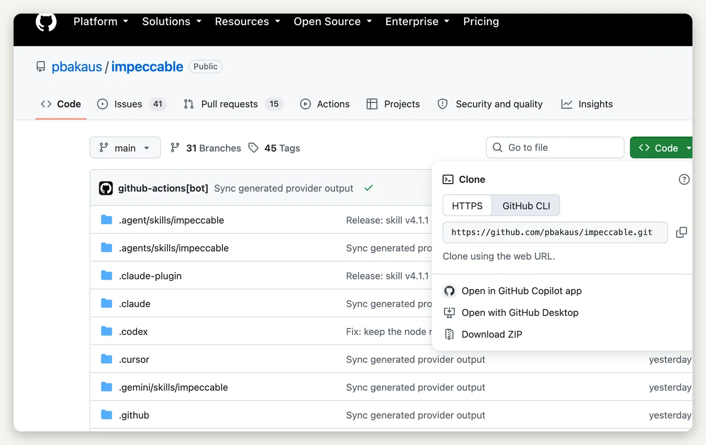 The GitHub page for pbakaus/impeccable with the green Code button opened, showing the Download ZIP option at the bottom of the menu.