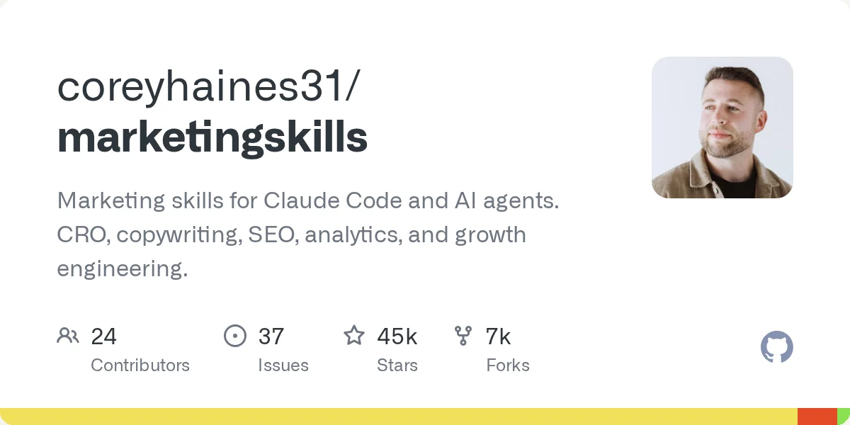 GitHub card for coreyhaines31/marketingskills: marketing skills for Claude Code and AI agents. CRO, copywriting, SEO, analytics, and growth engineering. 24 contributors, 45k stars, 7k forks.