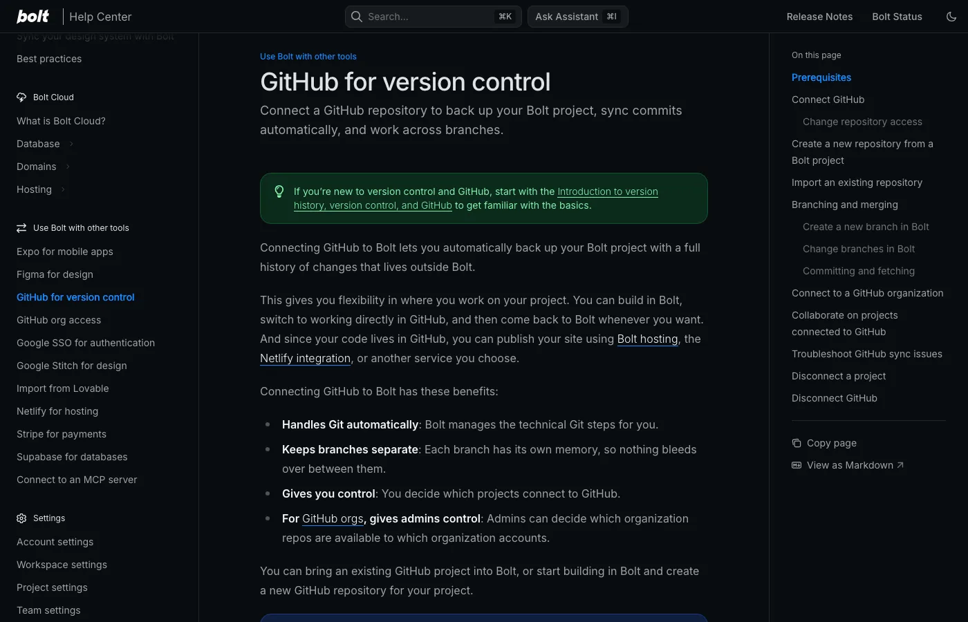 Bolt's help centre page GitHub for version control: connect a GitHub repository to back up your Bolt project, sync commits automatically, and work across branches. Benefits listed: handles Git automatically, keeps branches separate, gives you control.