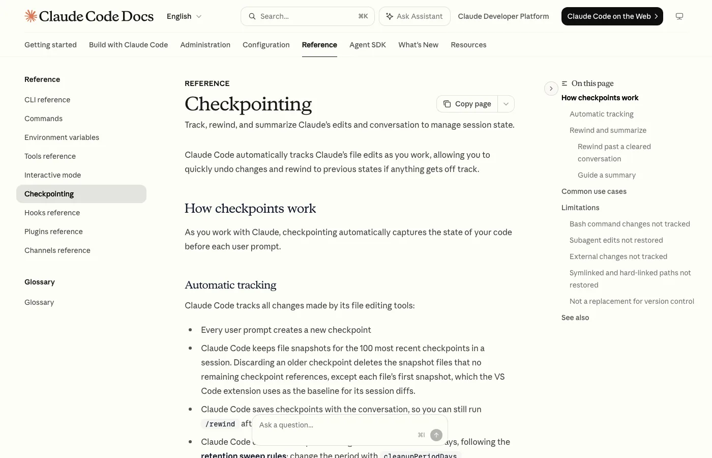 The Claude Code documentation page for Checkpointing. The right-hand table of contents lists Automatic tracking, Rewind and summarize, and under Limitations: Bash command changes not tracked, Subagent edits not restored, External changes not tracked, and Not a replacement for version control.