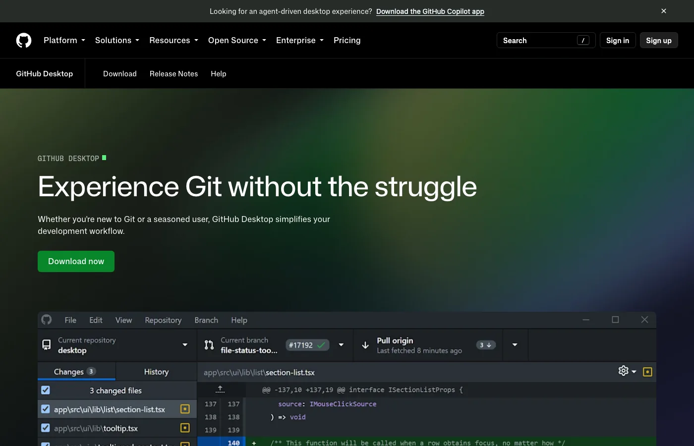 The GitHub Desktop homepage: Experience Git without the struggle, a Download now button, and a screenshot of the app with a Changes tab showing three changed files and a diff.