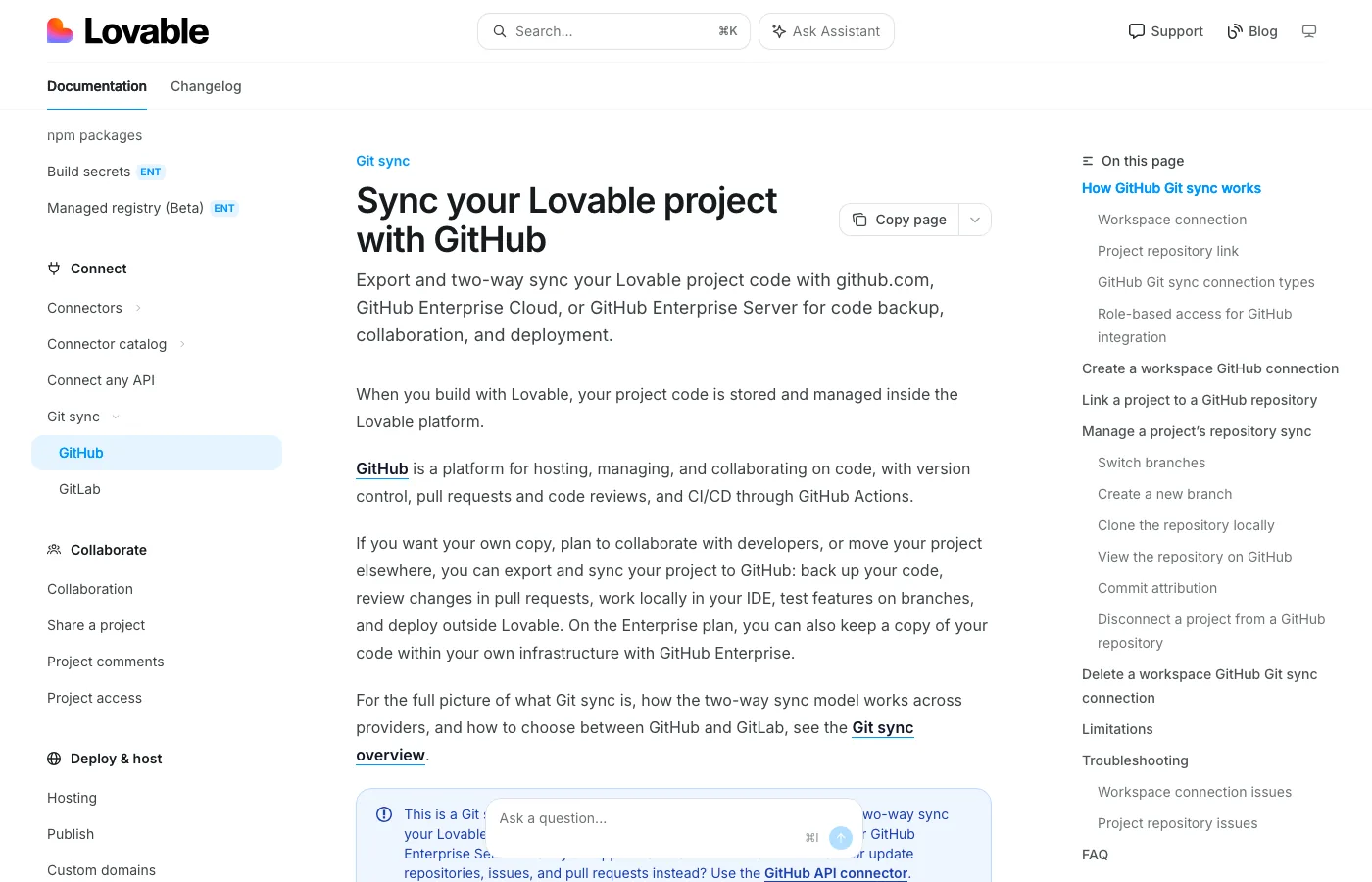 Lovable's documentation page titled Sync your Lovable project with GitHub, explaining export and two-way sync with github.com, GitHub Enterprise Cloud, or GitHub Enterprise Server for code backup, collaboration, and deployment.