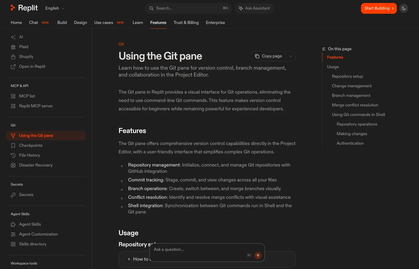 Replit's documentation page Using the Git pane: a visual interface for Git operations, eliminating the need to use command-line Git commands. Features listed: repository management, commit tracking, branch operations, conflict resolution, shell integration.