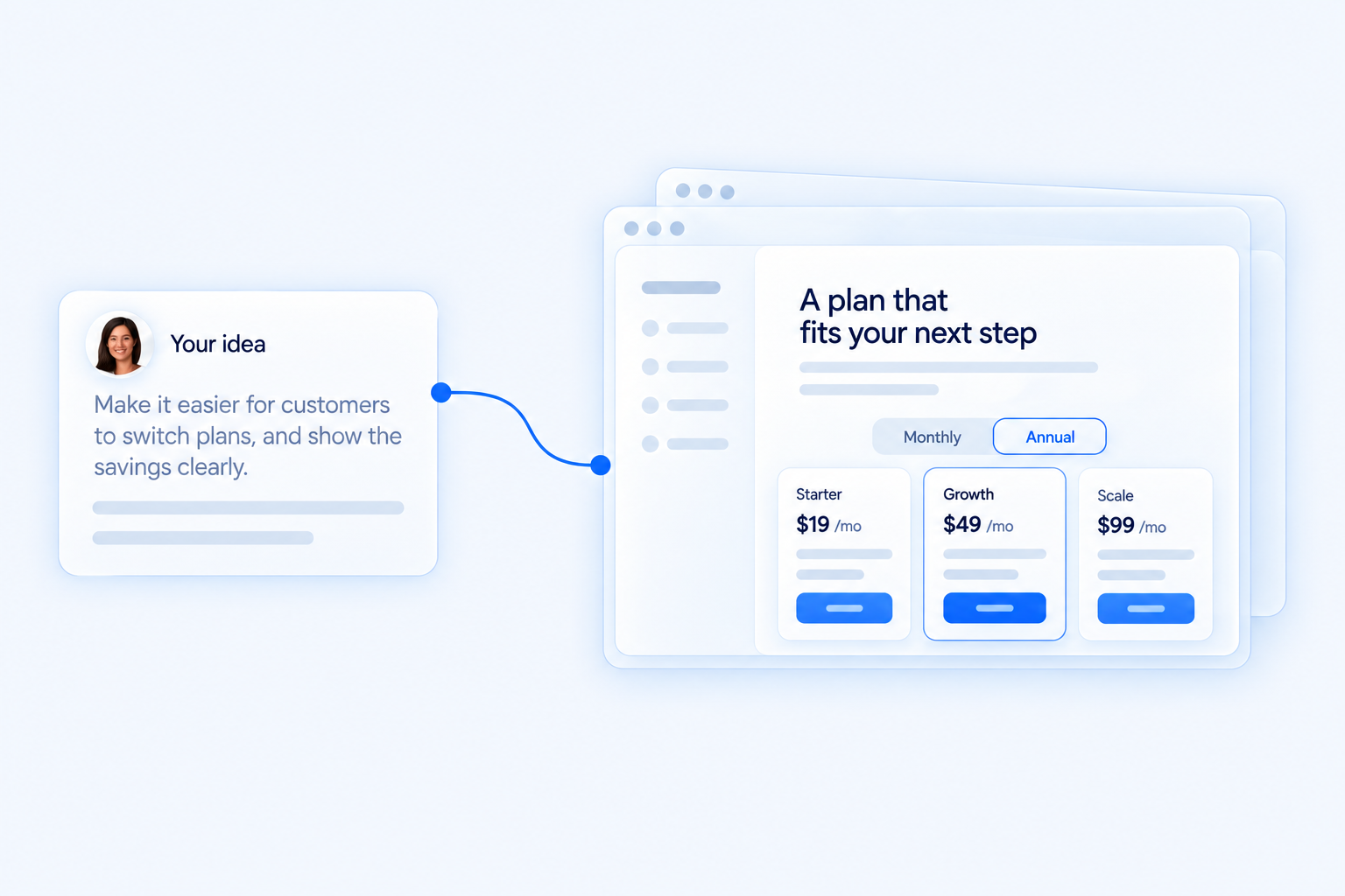A founder’s idea connected to a product pricing preview.