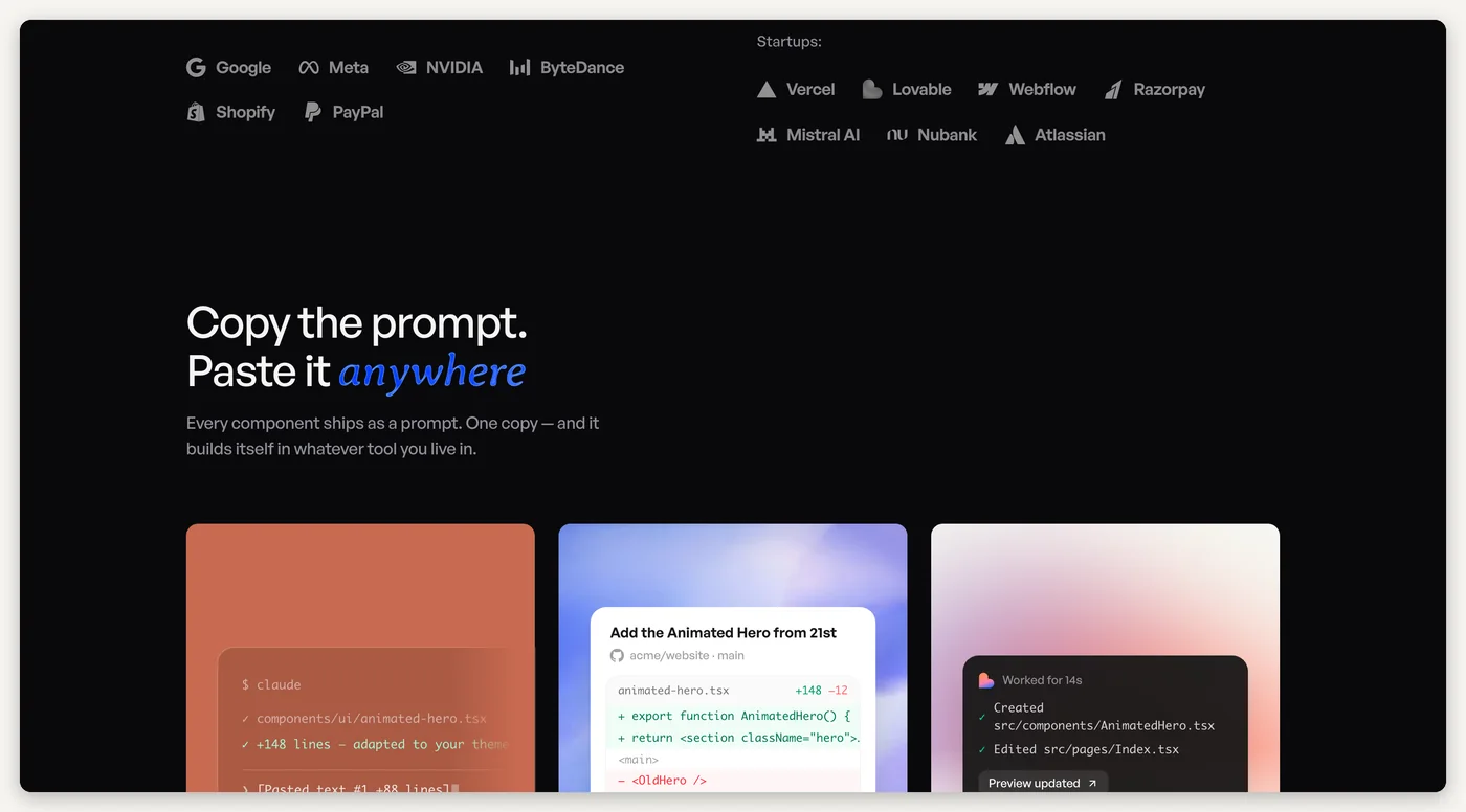 A 21st.dev section titled 'Copy the prompt. Paste it anywhere', with three cards showing the same component being added via Claude Code in a terminal, via Codex as a diff, and via Lovable's chat.