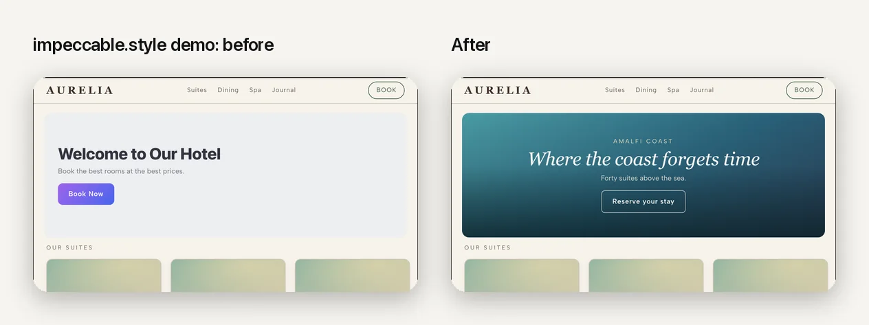 Two hotel-website heroes from the impeccable.style demo. Before: a flat 'Welcome to Our Hotel' with a purple button. After: a photographic hero reading 'Where the coast forgets time' with an outlined button.
